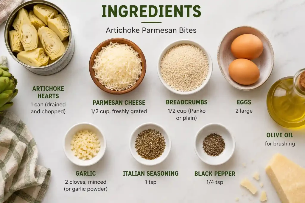 Artichoke Parmesan Bites (Easy Crispy Party Appetizer) 3 Artichoke Parmesan Bites Ingredients
