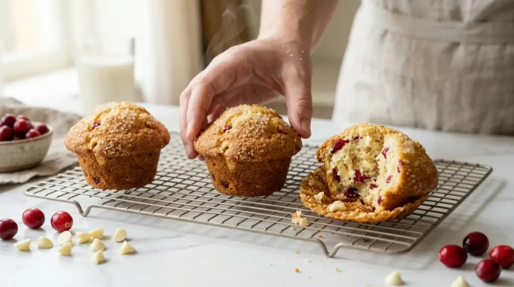 White Chocolate Cranberry Muffins (Bakery-Style) 3 White chocolate cranberry muffins with golden domed tops cooling on a wire rack, one torn open to show a moist crumb with cranberries and white chocolate